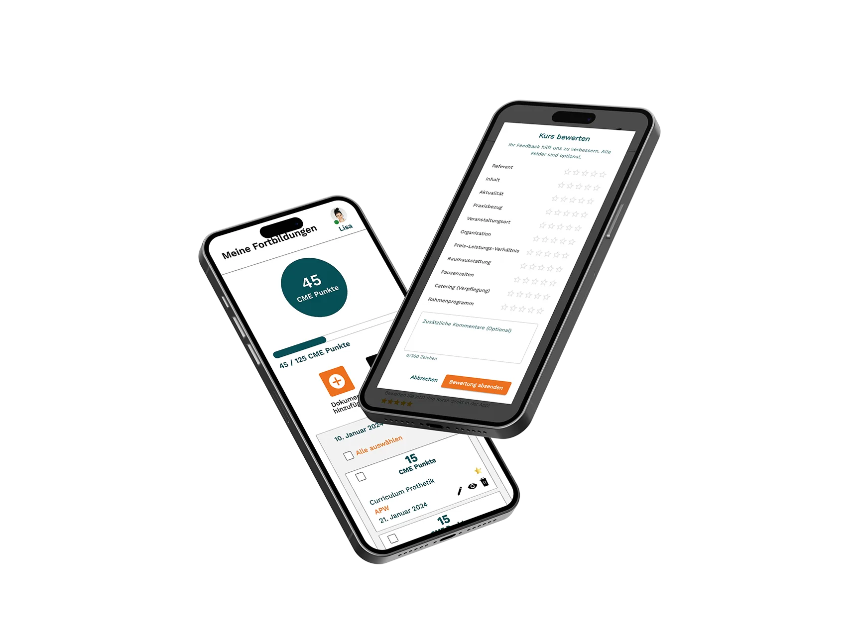 Die FobiDent-App auf zwei iPhones — Dashboard mit CME-Punktestand und Kursbewertung